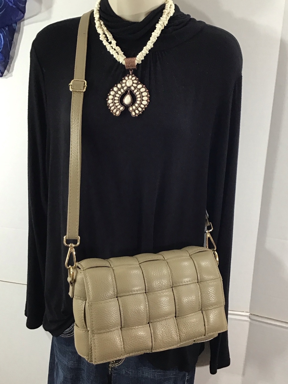 Chiara Ferretti taupe padded cassette woven leather flap crossbody bag Italy